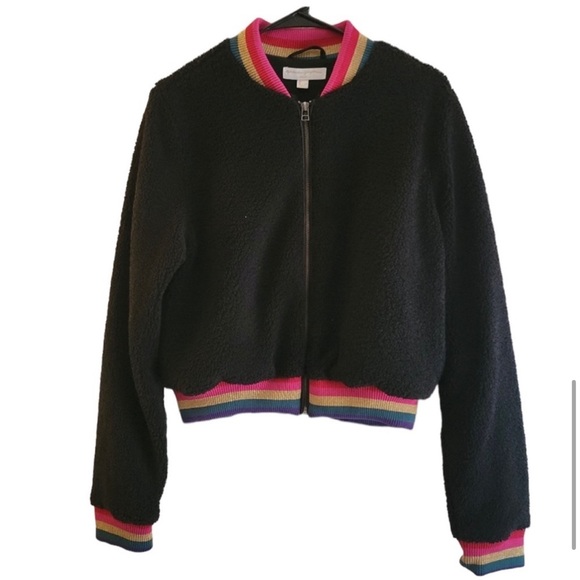 Spiritual Gangster Cropped Furry Bomber Zip Jacket Rainbow Trim Black Size Large - Picture 2 of 12